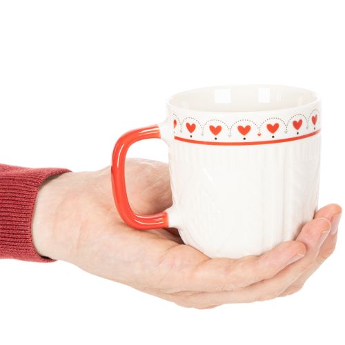 Kaffekrus med rødt hank, strikket mønster og hjertedekoration, keramik, 9 cm, 2 stk. | Floristik24.dk