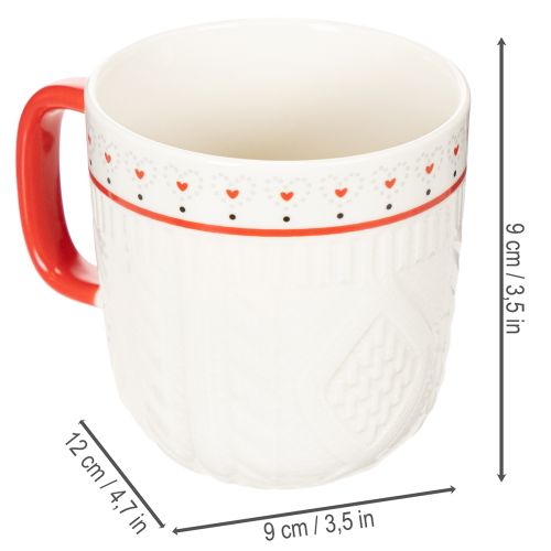 Kaffekrus med rødt hank, strikket mønster og hjertedekoration, keramik, 9 cm, 2 stk. | Floristik24.dk