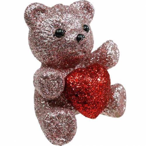 Dekorativ propbjørn med hjerte, Valentinsdag, blomsterknap glitter 9stk
