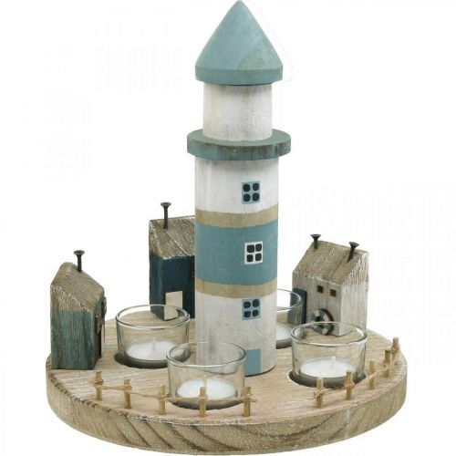 Floristik24 Lighthouse fyrfadsstage blå, hvid 4 fyrfadslys Ø25cm H28cm