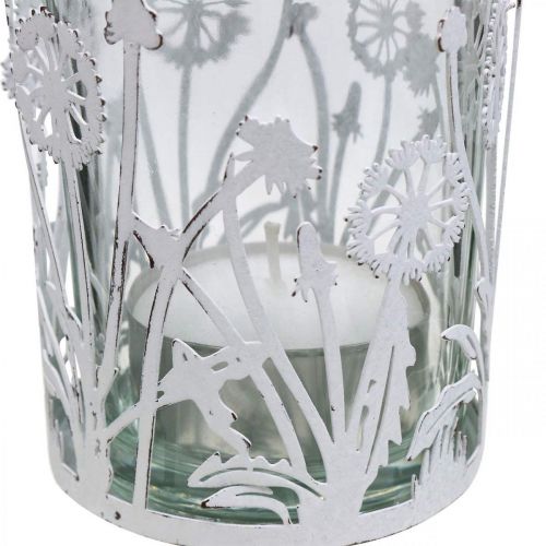 Floristik24 Lanterne med mælkebøtter, bordpynt, sommerdekoration shabby chic sølv, hvid H10cm Ø8,5cm
