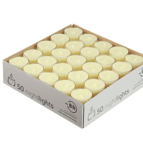 Artikel Natlys fyrfadslys cremegul i plastskål 8 timer 50 stk