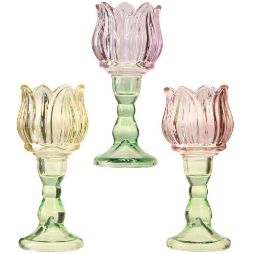 Floristik24 Fyrfadsglas blomst fyrfadsstage glas 3 farver Ø7cm H16cm 3stk