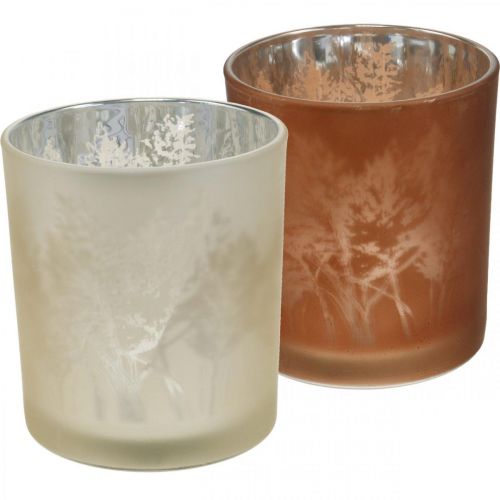 Floristik24 Glaslanterne, fyrfadsglas med bladmotiv, efterårsdekoration Ø8cm H9cm 2stk.