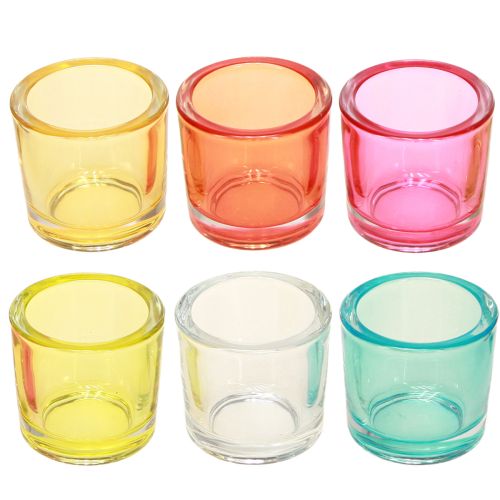 Artikel Fyrfadsstage glaslanterner farvet assorteret Ø6,5cm H6cm 6stk