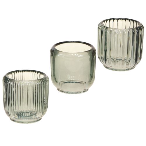 Artikel Fyrfadsstage glas i grå riller dekor 8cm 6 stk