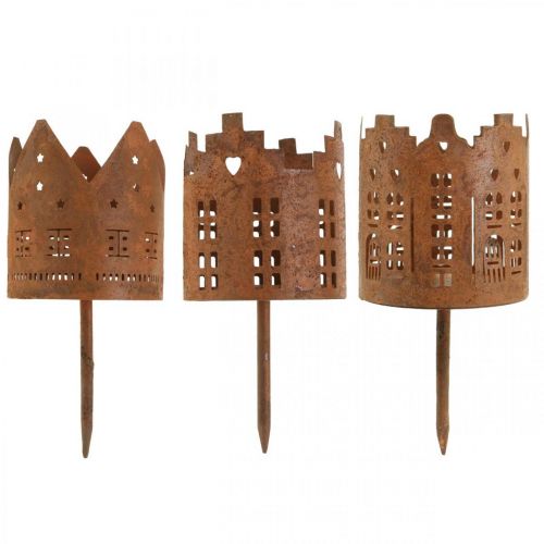 Floristik24 Fyrfadsstage hus metal rust lille hus til pind Ø6,5cm 4stk