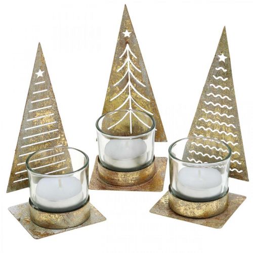 Fyrfadsholder juletræ metal, glas lanterne H15cm 3stk