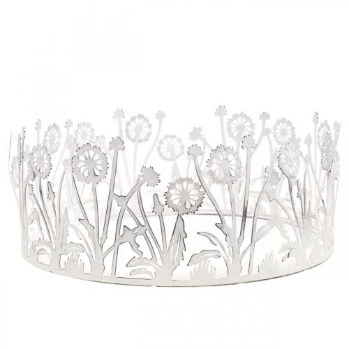 Dekorativ bakke med mælkebøtter, metaldekoration til forårshvid, sølv shabby chic Ø25cm H10,5cm