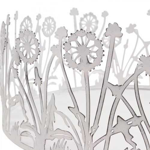 Artikel Dekorativ bakke med mælkebøtter, metaldekoration til forårshvid, sølv shabby chic Ø25cm H10,5cm