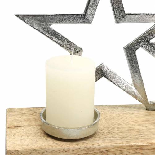 Artikel Lysestage stjerne silhuet på træbund sølv, naturligt metal, mangotræ 35cm × 14cm