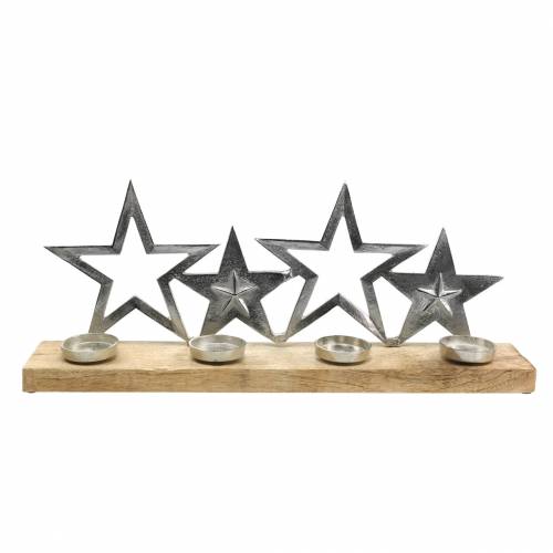 Floristik24 Lysestage stjerne silhuet på træbund sølv, naturligt metal, mangotræ 35cm × 14cm
