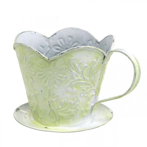 Floristik24 Plantekasse, dekorativ kaffefilterholder, metalkop til plantning, blomsterdekoration grøn, hvid shabby chic H11cm Ø11cm