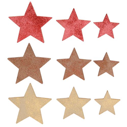 Artikel Borddekoration stjerner træ Jul 3 farver Ø3–5cm 48 stk