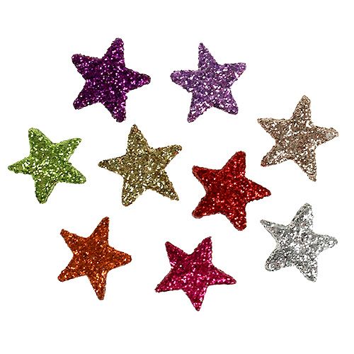 Borddekorationsstjerner assorterede farver 1,5 cm med glimmer 144stk