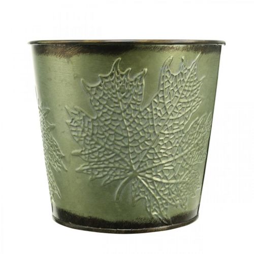 Artikel Plante med bladdekoration, metalbeholder til efterår, grøn plantespand Ø10cm H10cm