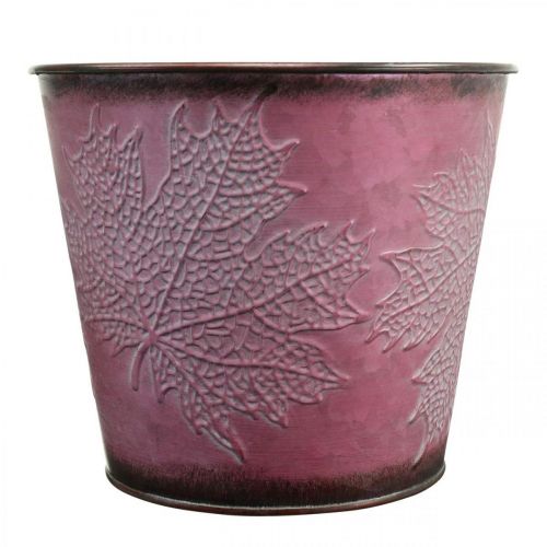 Artikel Plantekrukke med bladdekoration, efterårsdekoration, metal plantekasse vinrød Ø16,5 cm H14,5 cm