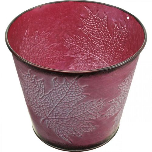 Artikel Plantekrukke med bladdekoration, efterårsdekoration, metal plantekasse vinrød Ø16,5 cm H14,5 cm