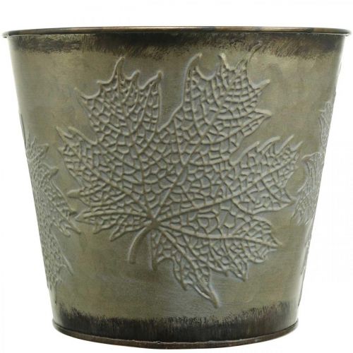 Artikel Planter til efterår, metalspand med bladdekoration, gylden metalbeholder Ø14cm H12,5cm