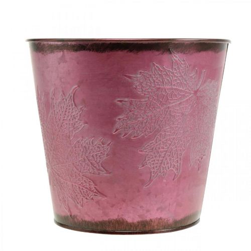 Artikel Plantekasse, metalspand med blade, efterårsdekoration vinrød Ø18cm H17cm