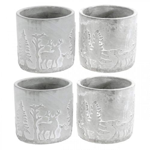 Floristik24 Plantekrukker med skovmotiv, adventsdekoration, plantekasse til jul, betondekoration Ø10,5cm H11cm 4stk.