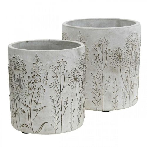 Floristik24 Vase beton hvid blomstervase med reliefblomster Ø12,5cm 2stk
