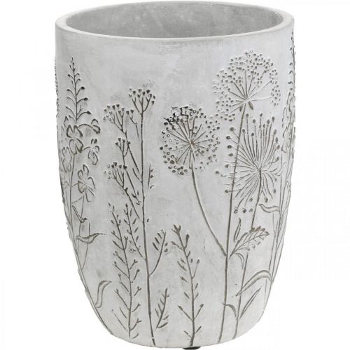 Vase Beton Hvid Blomstervase med reliefblomster vintage Ø18cm