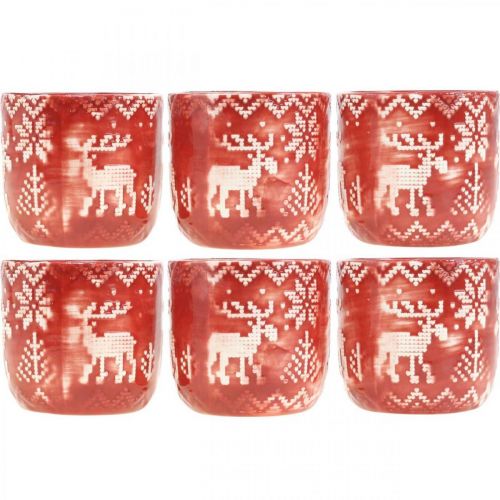 Floristik24 Keramisk dekoration med rensdyr, adventsdekoration, planter med norsk mønster rød / hvid Ø7,5cm H7cm 6stk.