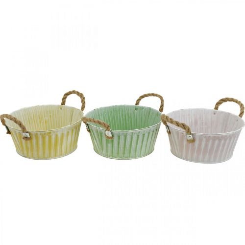 Artikel Metal planteskål, blomsterskål, urtepotte med hanke pink/grøn/gul shabby chic Ø22cm H9,5cm sæt med 3 stk.