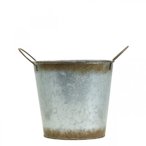 Artikel Plantekasse af metal, blomsterskål, urtepotte med hanke sølv, patina Ø18cm H20cm