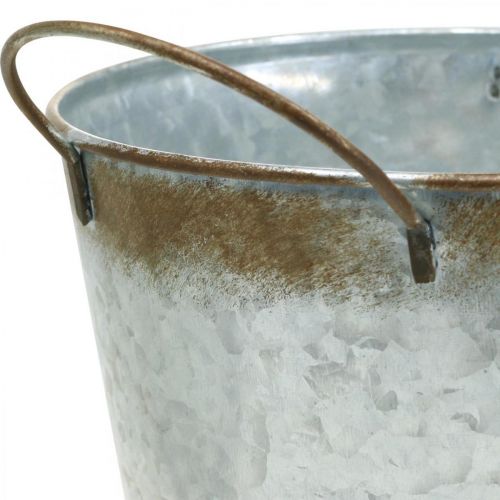 Artikel Plantekasse af metal, blomsterskål, urtepotte med hanke sølv, patina Ø18cm H20cm