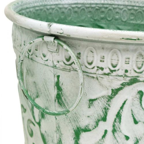Artikel Metalpotter med hank, plantekasser med prægning hvid, grøn shabby chic H20,5/18,5/16cm Ø25,5/20,5/15,5cm sæt med 3 stk.