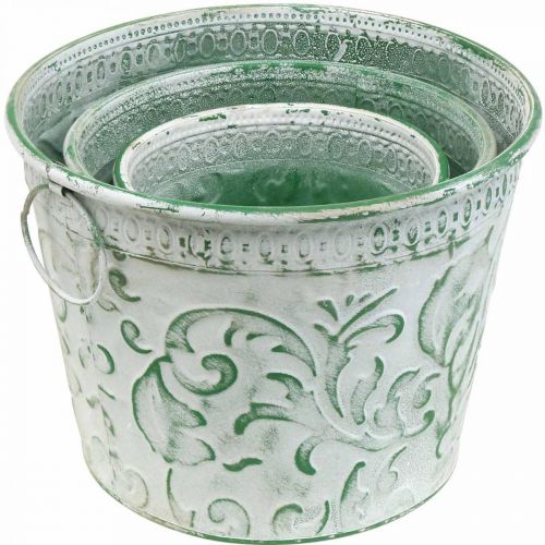 Artikel Metalpotter med hank, plantekasser med prægning hvid, grøn shabby chic H20,5/18,5/16cm Ø25,5/20,5/15,5cm sæt med 3 stk.