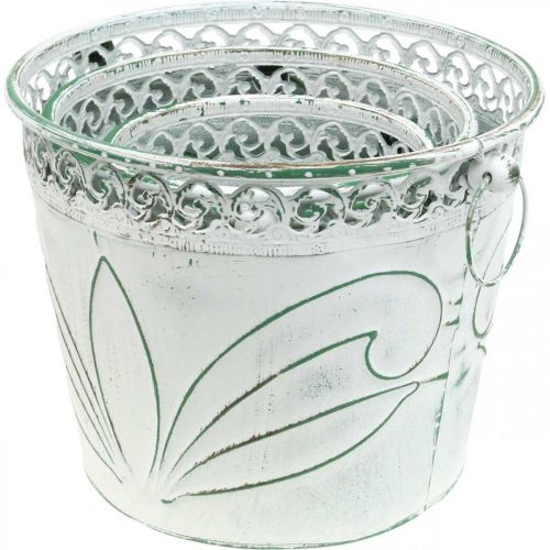 Artikel Blikbalje med prægning, plantekasse med håndtag hvid, grøn shabby chic H22/19,5/17,5 cm Ø25,5/20,5/15,5 cm sæt med 3 stk.
