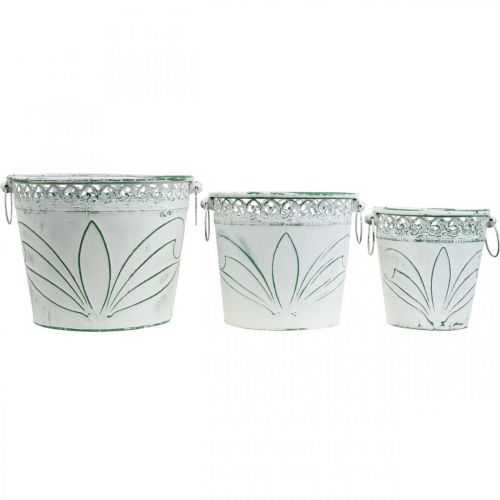Artikel Blikbalje med prægning, plantekasse med håndtag hvid, grøn shabby chic H22/19,5/17,5 cm Ø25,5/20,5/15,5 cm sæt med 3 stk.