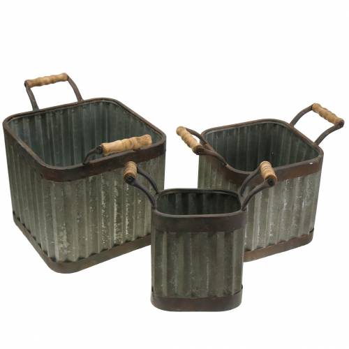 Planter med håndtag, firkantet industriel stil 36 / 31,5 / 24cm, sæt med 3