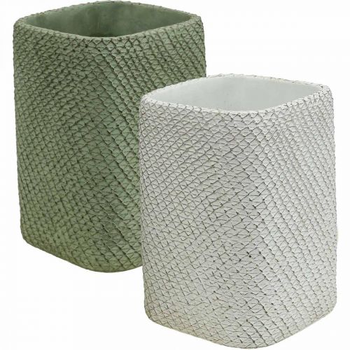 Plantekasse keramik hvidgrøn reliefnet 14x14cm H21,5cm 2stk.