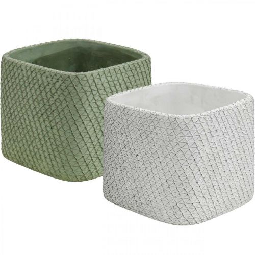 Plantekasse keramik hvidgrøn reliefnet 17x17cm H15cm 2stk