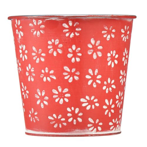 Artikel Plantekasse rød hvid urtepotte blomstret metal Ø12,5cm H11,5cm