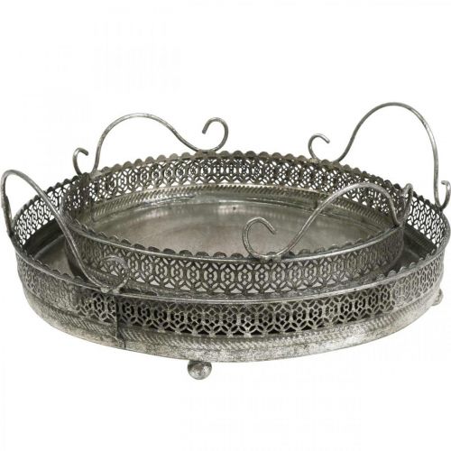 Artikel Vintage bakke, dekorativ bakke sølv, lysbakke H6cm Ø31/24cm sæt med 2 stk.