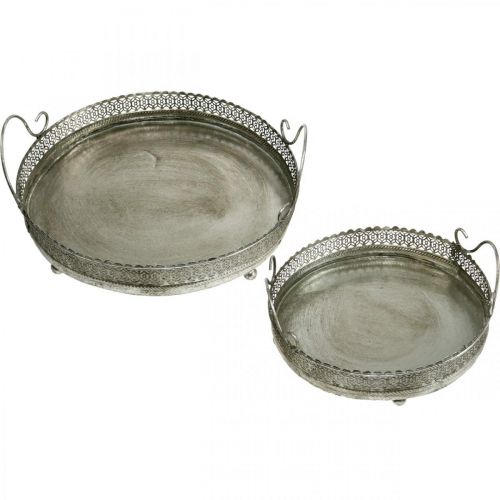 Artikel Vintage bakke, dekorativ bakke sølv, lysbakke H6cm Ø31/24cm sæt med 2 stk.