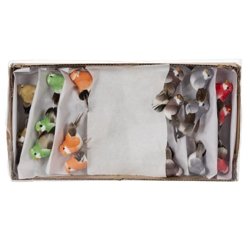 Artikel Dekorative fugle, kunstig boligindretning, forårsfest, med farverig fjerdragt lavet af ægte fjer, 5 cm, 18 stk.