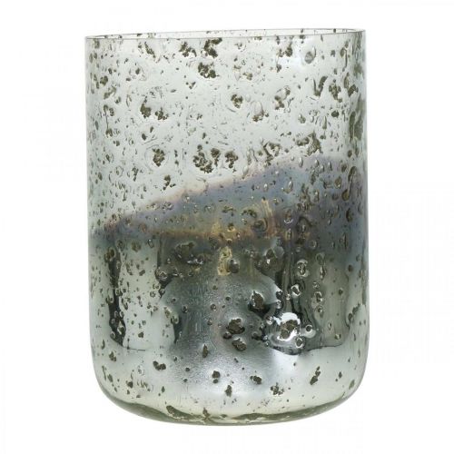 Floristik24 Stearinlysglas tofarvet glasvase lanterne klar, sølv H14cm Ø10cm