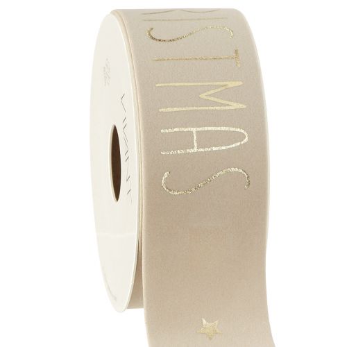 Floristik24 Julebånd beige fløjl Merry Christmas Guld B40mm L5m