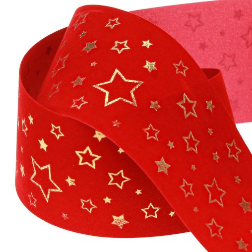 Artikel Julebånd rødt bånd med stjerner trådkant 60mm 20m