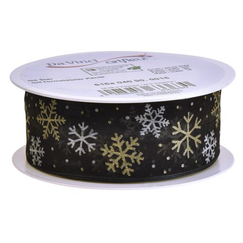 Artikel Julebånd organza snefnug sort guld 40mm 15m