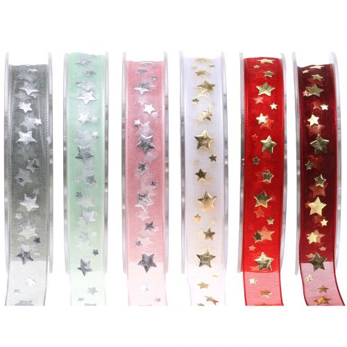 Artikel Julebånd organza med stjernemotiv 15mm 20m