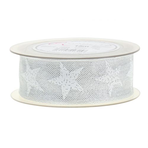 Floristik24 Julebånd med stjernemønster hvid, sølv 40mm 15m
