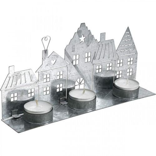 Artikel Julepynt huse, fyrfadsstage metal sølv 25cm