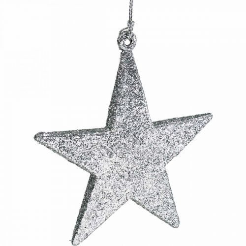 Artikel Julepynt stjernevedhæng sølvglimmer 9cm 12stk